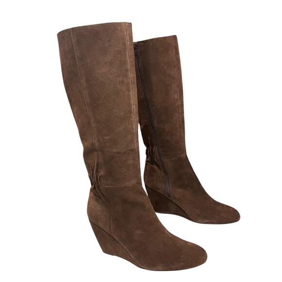 Seychelles Star of The Show Boots 10 Chocolate Suede Wedge Knee High Ruched - Picture 3 of 14